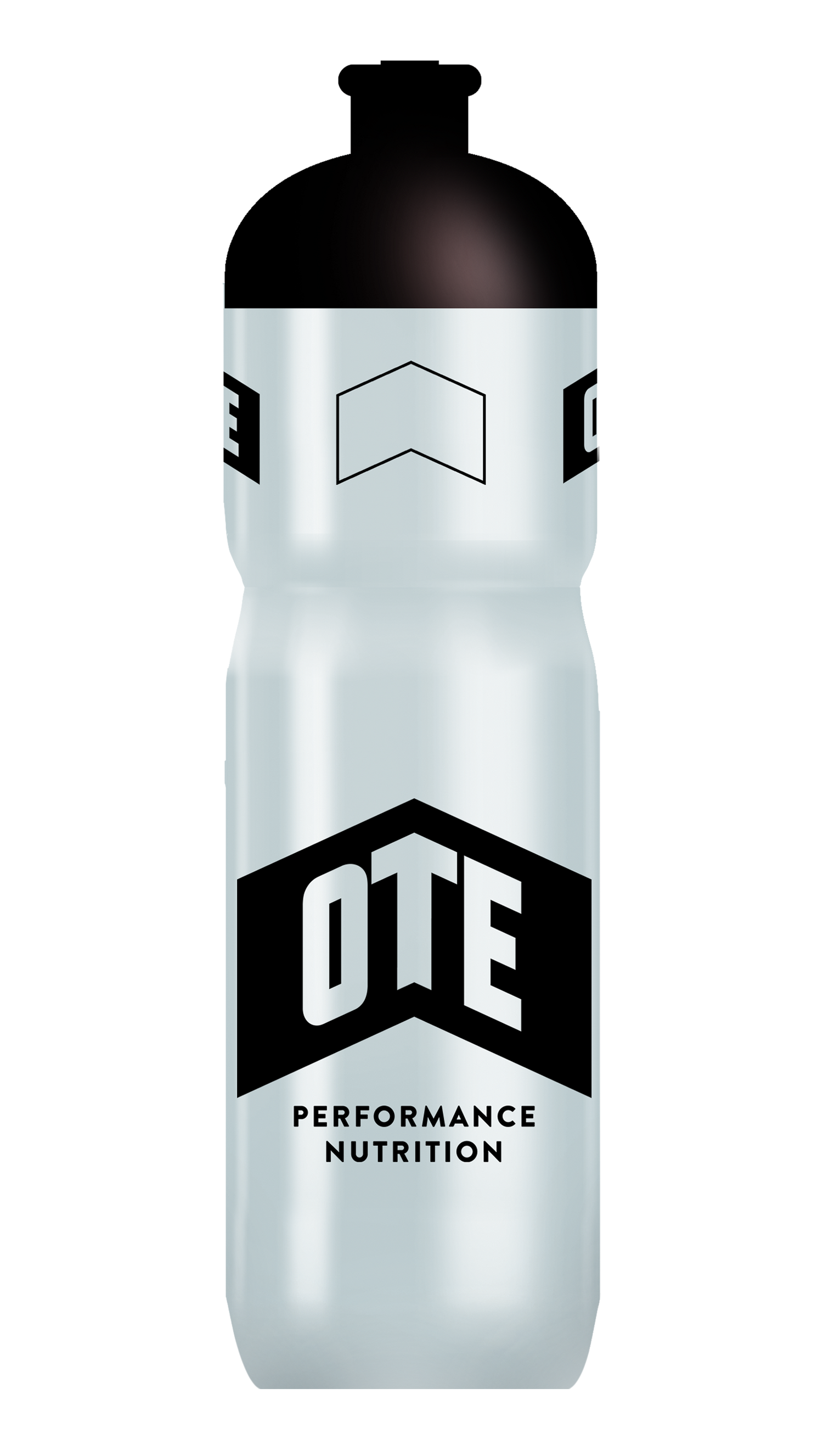 Clear water bottle with black and white branding on a white background
