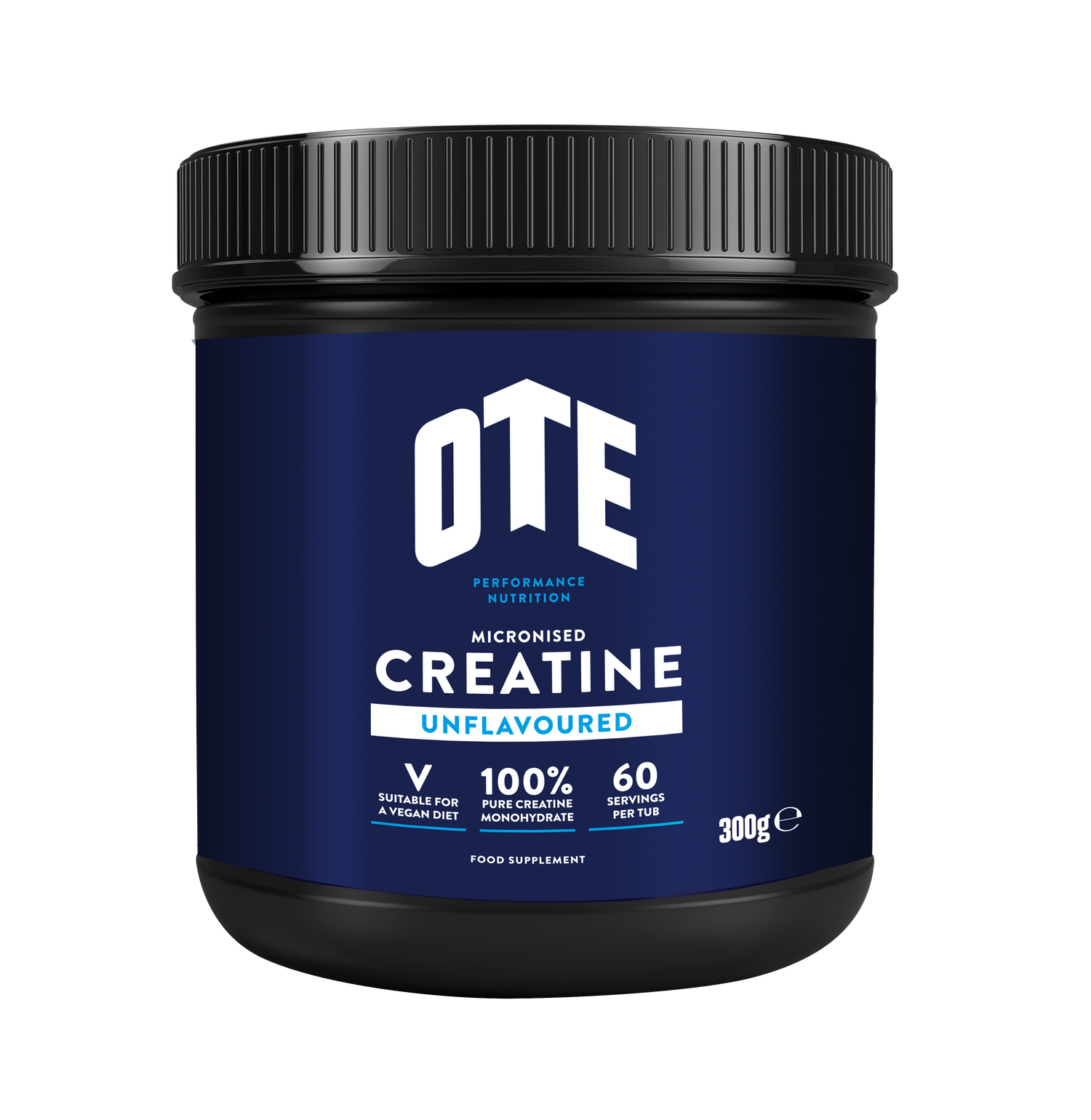 Blue container of OTE Micronised Creatine on a white background