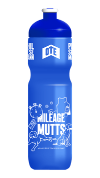 Blue water bottle with white graphics and text on a white background