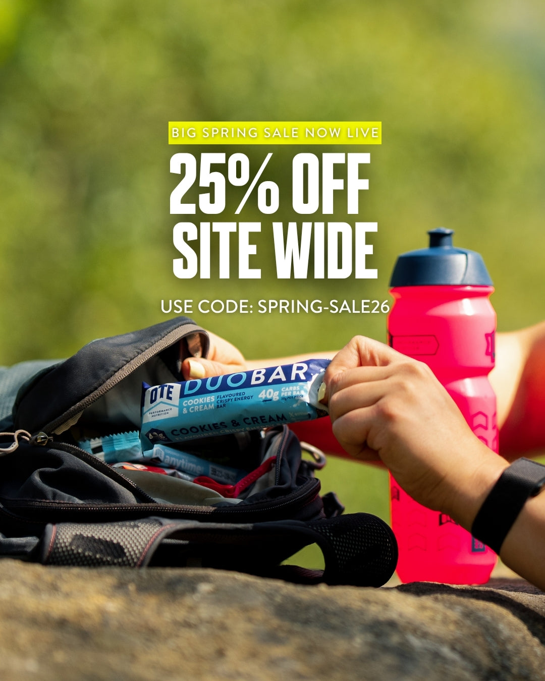 Person preparing for a hike with a Duobera bar and pink water bottle, promotional text overlay for a 25% site-wide discount.