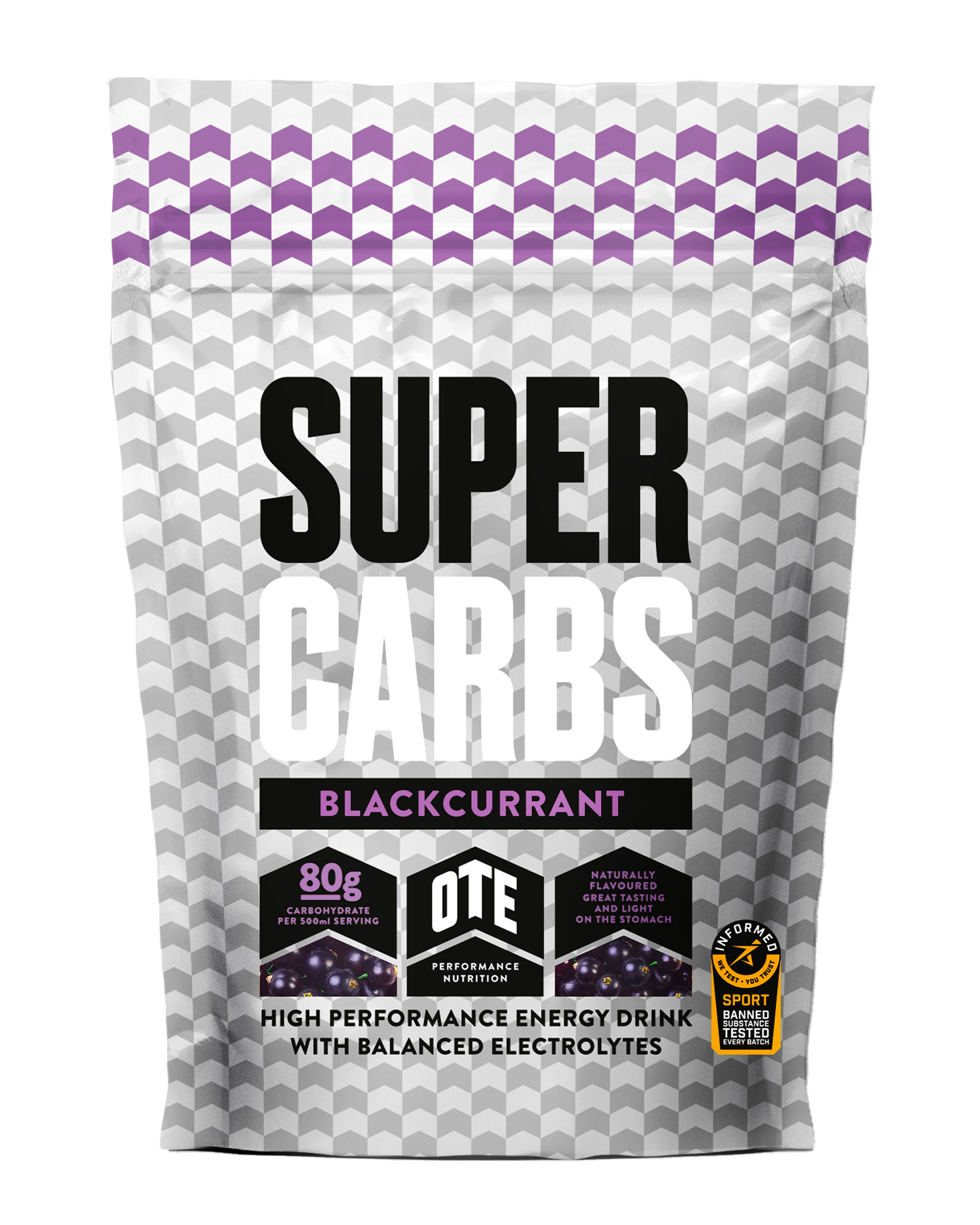 Super Carbs Blackcurrant high performance energy drink package with a checkered pattern