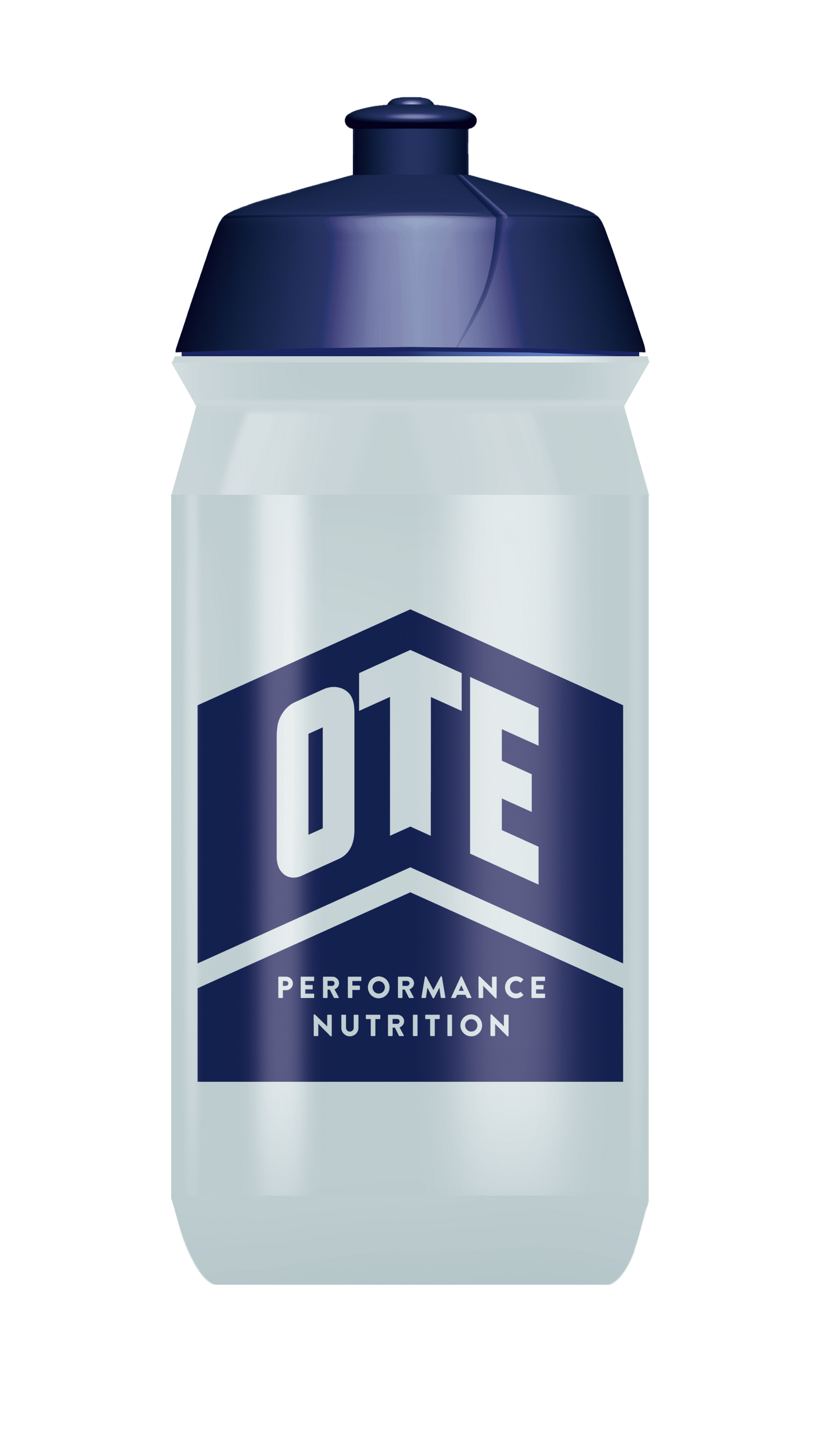 Clear water bottle with navy cap and OTE Performance Nutrition logo on a white background