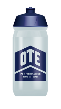 Clear water bottle with navy cap and OTE Performance Nutrition logo on a white background