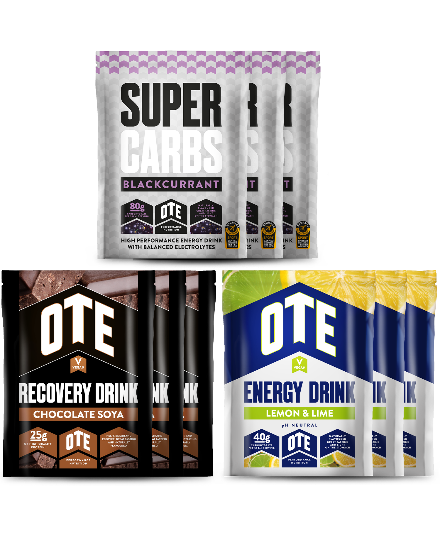 Three OTE sports drink packages on a white background