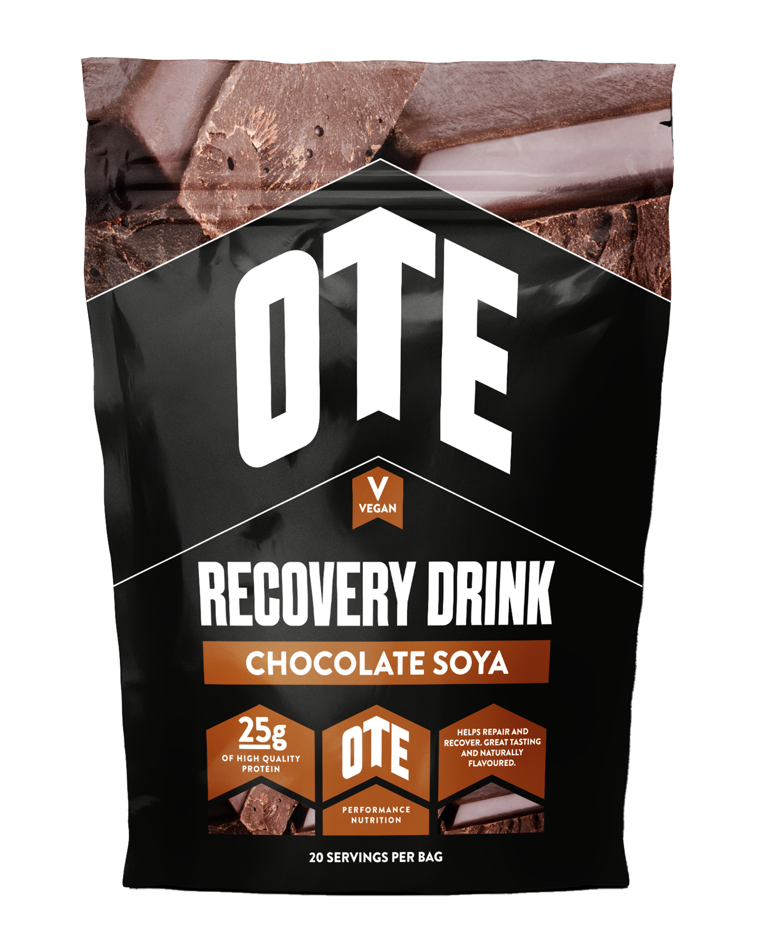 OTF Recovery Drink package for chocolate soya flavor on a white background