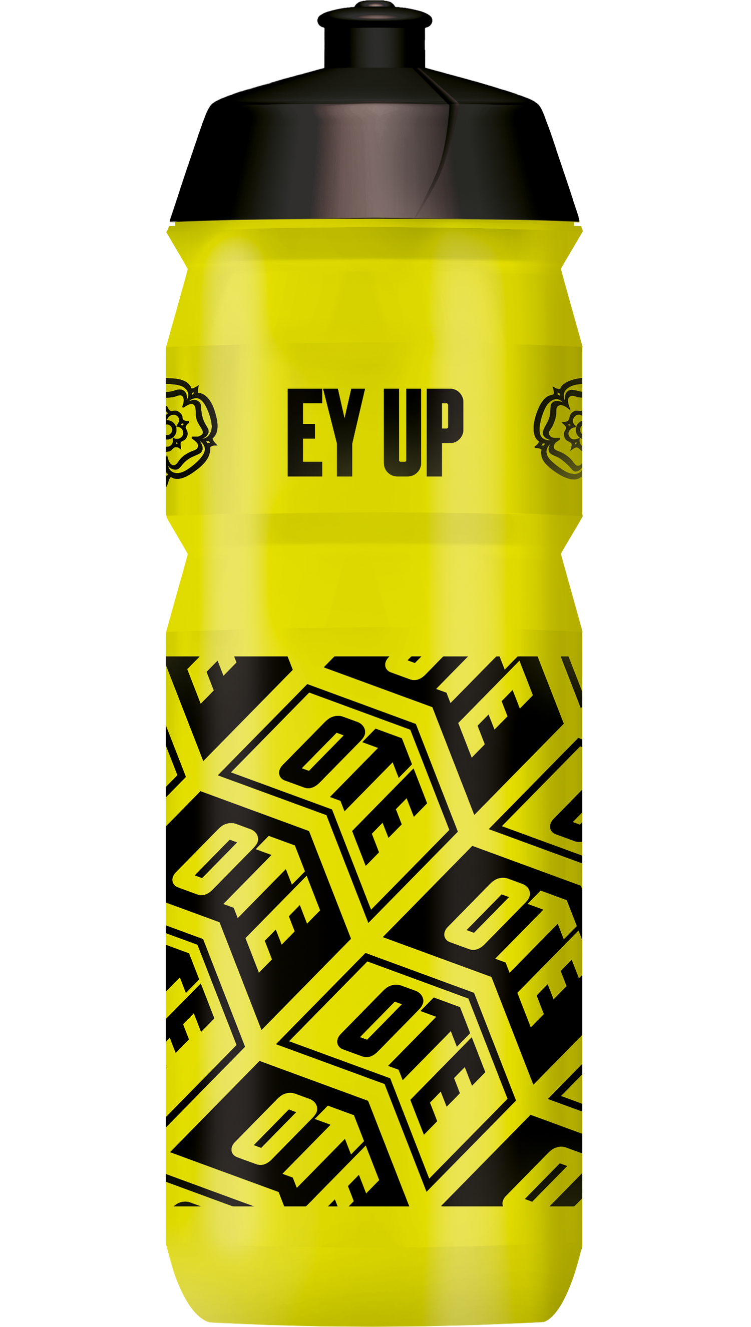 Yellow water bottle with black text and patterns on a white background