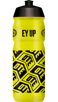 Yellow water bottle with black text and patterns on a white background