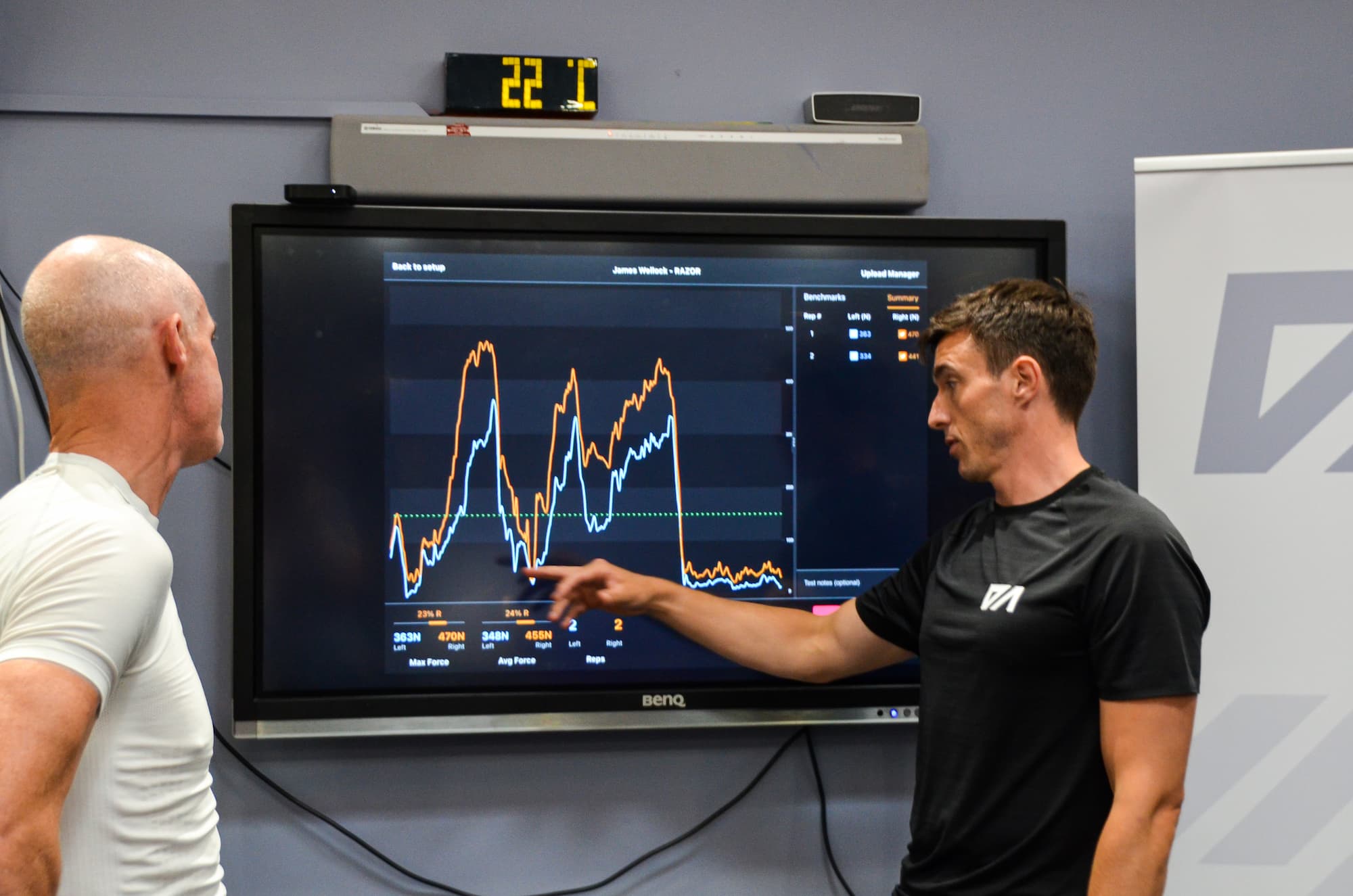 Strength and conditioning coach, Eddy, discusses performance statistics.